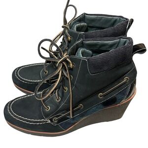 Sperry Top-Sider 11M Black Green Leather Wedge Boot Plaid Laceup Preppy Academia